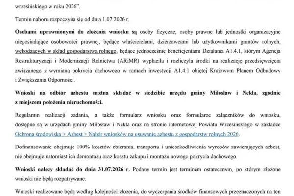 Nabór wniosków na usuwanie azbestu z gospodarstw rolnych w powiecie wrzesińskim w 2026 roku