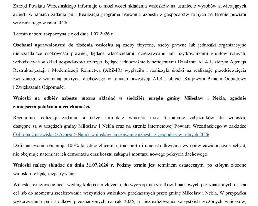 Nabór wniosków na usuwanie azbestu z gospodarstw rolnych w powiecie wrzesińskim w 2026 roku