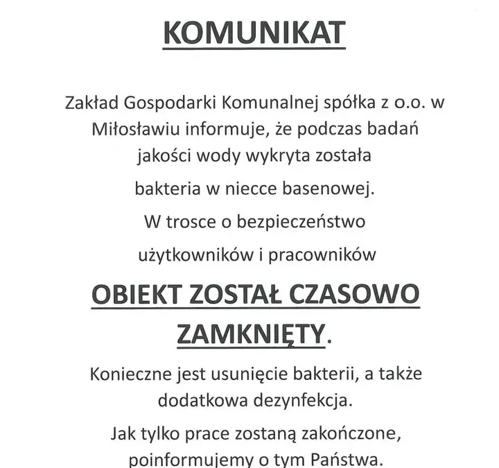Basen w Orzechowie zamknięty z powodu bakterii w wodzie