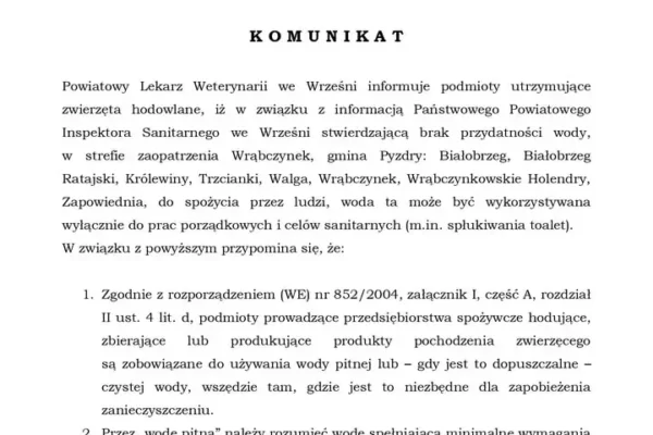 Komunikat Powiatowego Lekarza Weterynarii we Wrześni: woda w strefie Wrąbczynek niezdatna do picia dla zwierząt hodowlanych