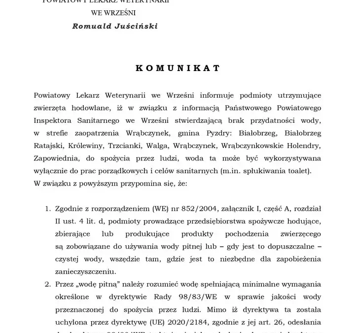 Komunikat Powiatowego Lekarza Weterynarii we Wrześni: woda w strefie Wrąbczynek niezdatna do picia dla zwierząt hodowlanych