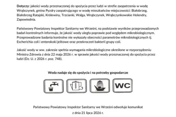 Poprawa jakości wody w gminie Pyzdry – odwołano komunikat o zanieczyszczeniu