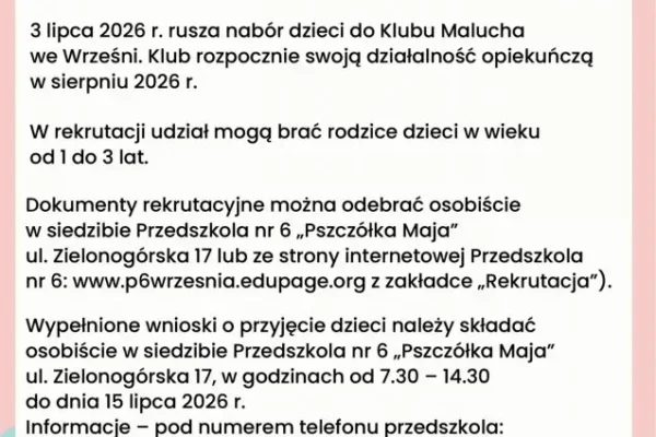 Rekrutacja do Klubu Malucha we Wrześni rusza 3 lipca