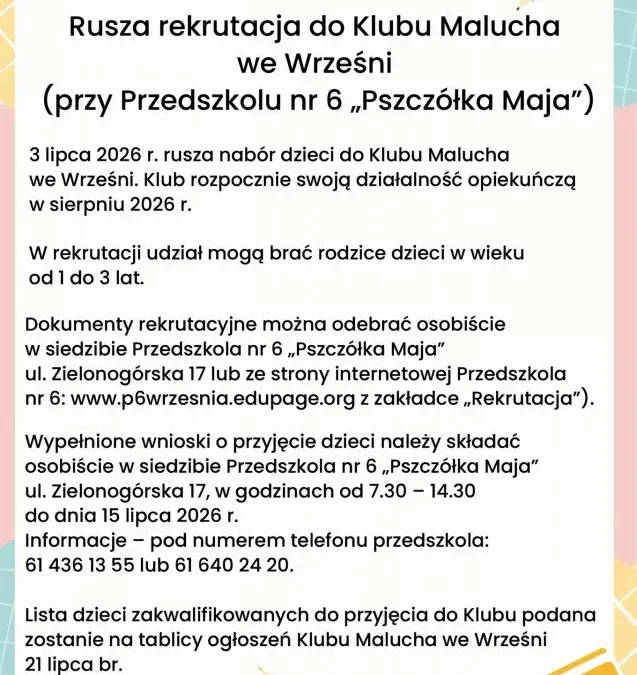 Rekrutacja do Klubu Malucha we Wrześni rusza 3 lipca