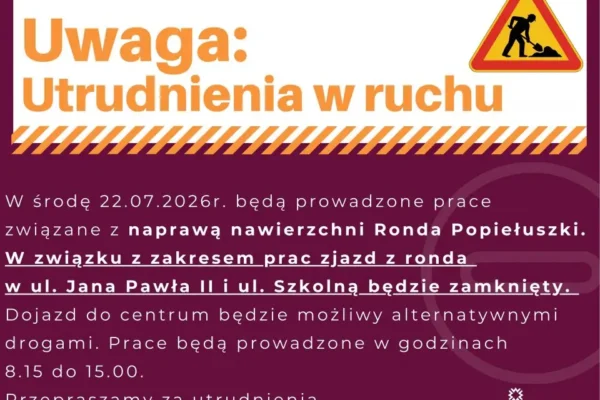 Utrudnienia na rondzie Popiełuszki we Wrześni – zamknięte zjazdy