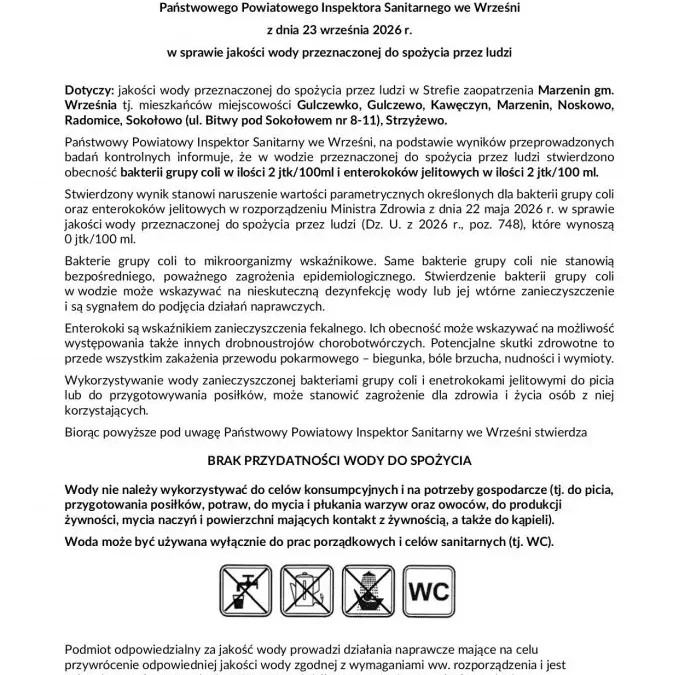 Sanepid we Wrześni: woda w Marzeninie niezdatna do picia