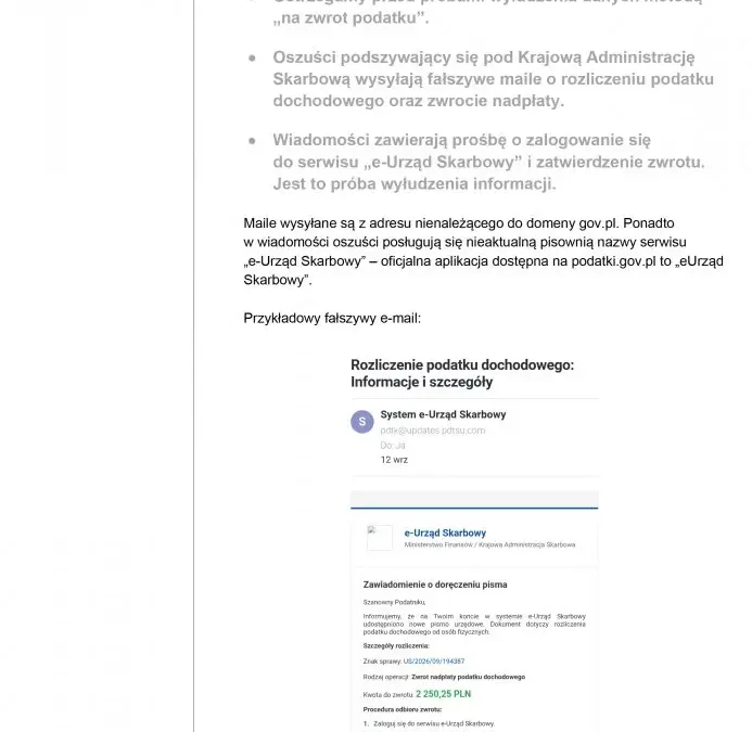 Oszuści podszywają się pod eUrząd Skarbowy. KAS ostrzega przed fałszywymi mailami