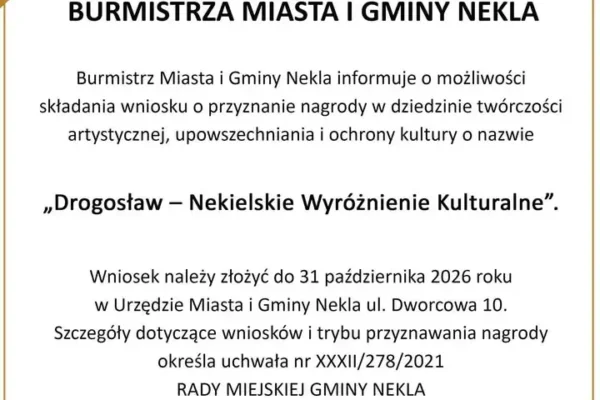 Gmina Nekla przyznaje wyróżnienie kulturalne „Drogosław”. Wnioski do 31 października