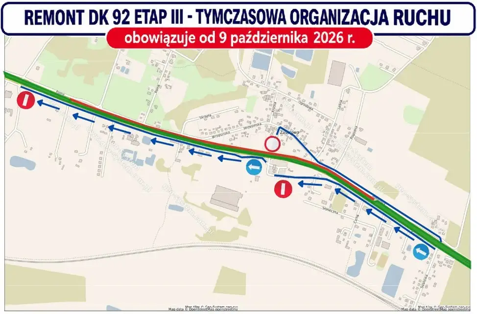 Remont DK 92: nowa organizacja ruchu od Gierłatowa do Zasutowa