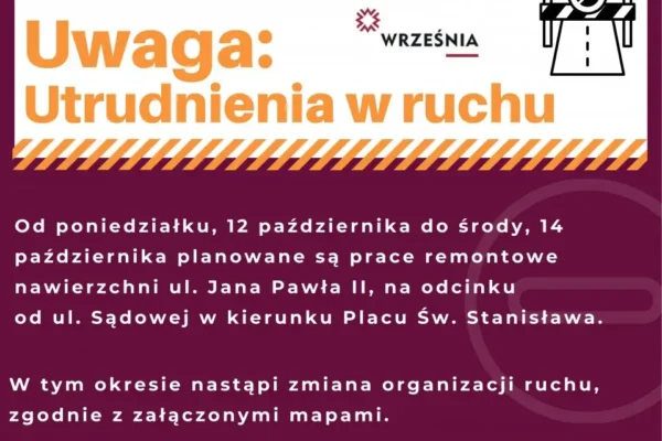Września: remont ul. Jana Pawła II – utrudnienia od 12 do 14 października